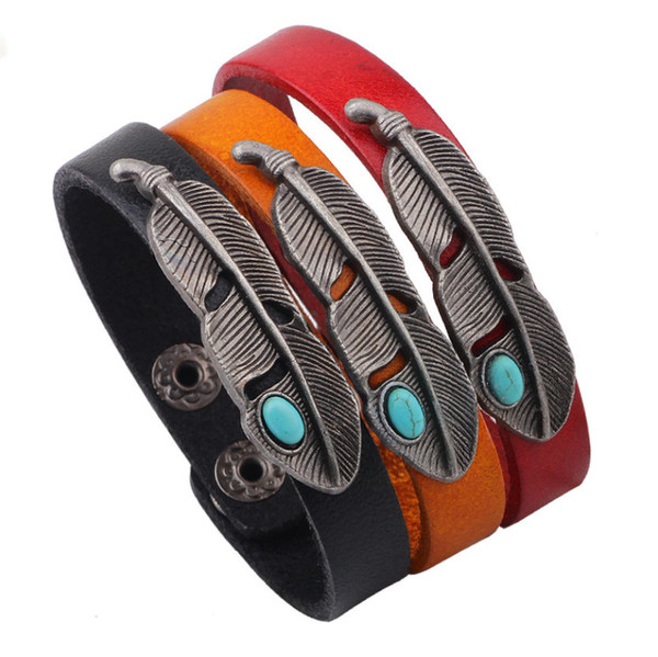 Vintage Fashion Unisex Bracelets Jewelry 2019 Brand New Turquoise Antique Silver Plated Alloy Feather Real Leather Charm Bracelets LBR020