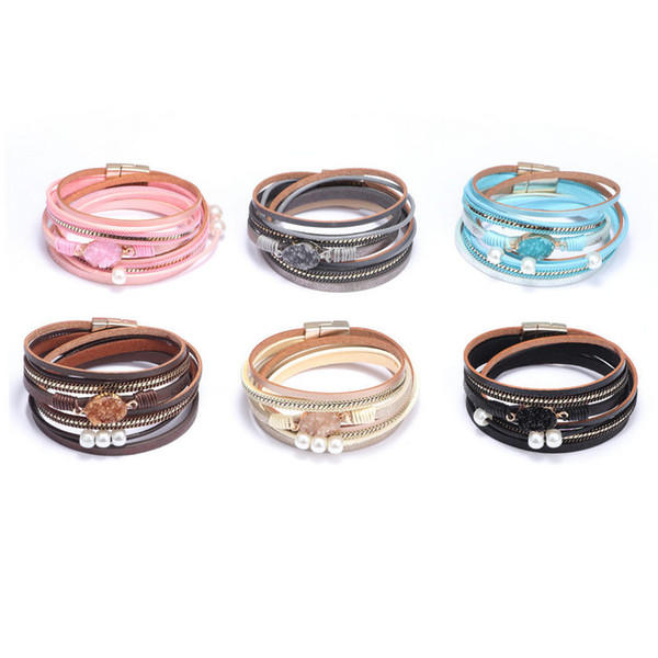 Bracelets Jewelry For Women 2019 Brand New Fashion Lady Natural Stone Multi-layer PU Leather Width Charm Bracelets Wholesale LBR012