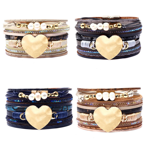 Vintage Fashion Women Bracelets Jewelry Wholesale Rhinestone Multilayer Leather Multicolor Gold Plated Heart Width Charm Bracelets LBR017