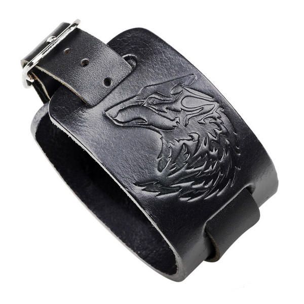 Bracelets Jewelry Vintage Unisex Fashion High Quality Real Leather Wolf Head Emboss Punk Rock Charm Bracelets Wholesale LBR006