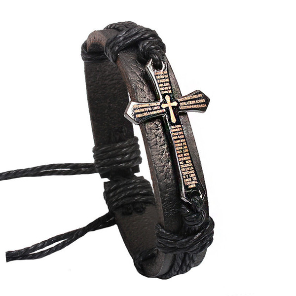 Charm Bracelets For Men Women 2019 Brand New Fashion Vintage Punk Handmade Knitting Leather Alloy Cross Bible Lection Bracelet LBR010