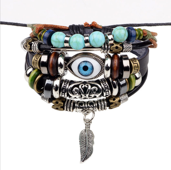 Vintage Beads Bracelets Jewelry 2019 New Fashion High Quality Blue Eye Alloy Leaf Multilayer Real Leather Knitting Charm Bracelets LBR013