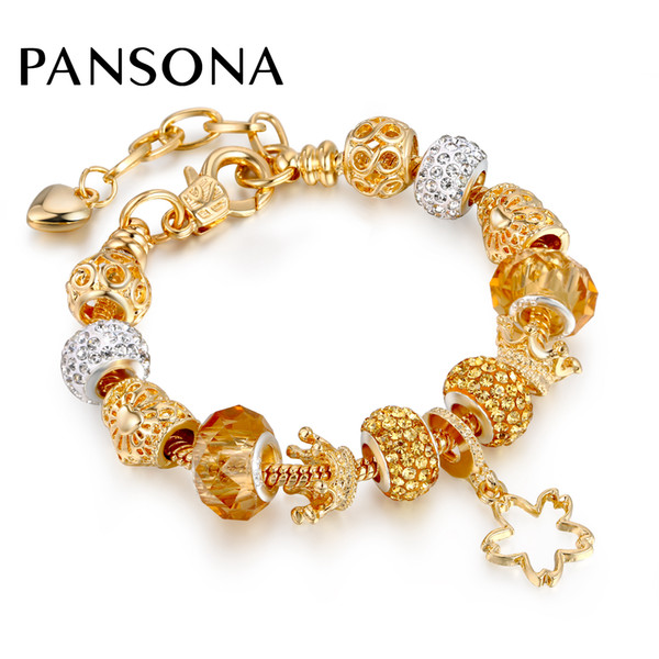 New Arrival Gold Color Jewelry Charms Bracelet & Bangles With Queen Crown Big Hole Hollow Beads Bracelet for Women AA146