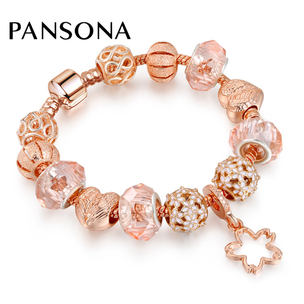 Rose Gold Love Charm Bracelet and Bangles For Women Crystal Beads Bracelet Female Diy Jewelry Gift Brand Jewelry AA155