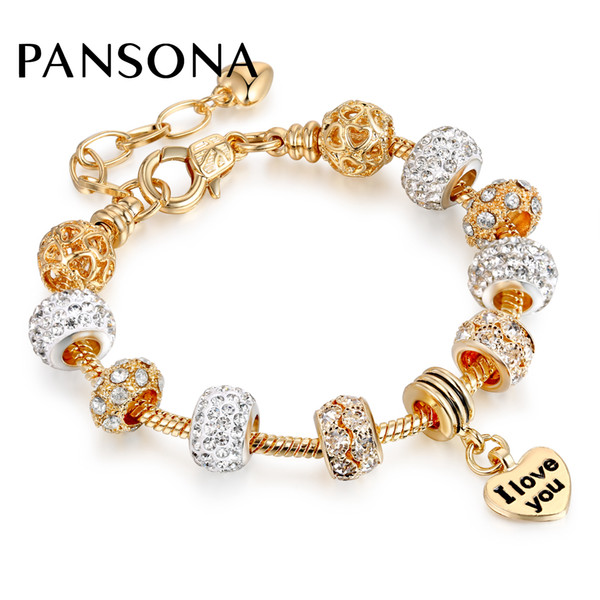 2018 New Fashion Crystal Beads Bracelets Bangles Gold Heart Pendant Charm Chain Bracelets For Women Lover's Luxury Jewelry AA140