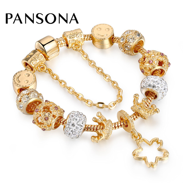 New Arrival Gold Color Jewelry Charms Bracelet & Bangles With Queen Crown Flower Smile Beads Bracelet for Women AA147