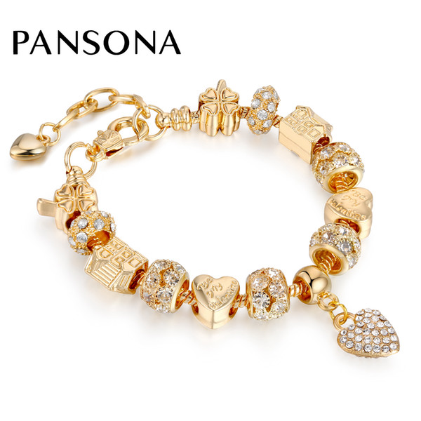 2018 Fashion Crystal Beads Bangles Gold Heart Pendant Four Leaf House Charm Bracelets For Women Lover's Luxury Jewelry