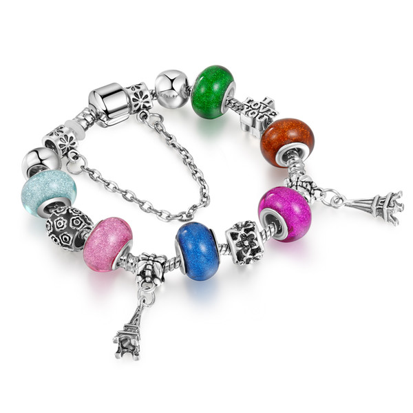 New Fashion Charm Bracelet Antique Silver Murano Acrylic Beads Bracelets Eiffel Tower Pendant Charms for Jewelry Making AA161