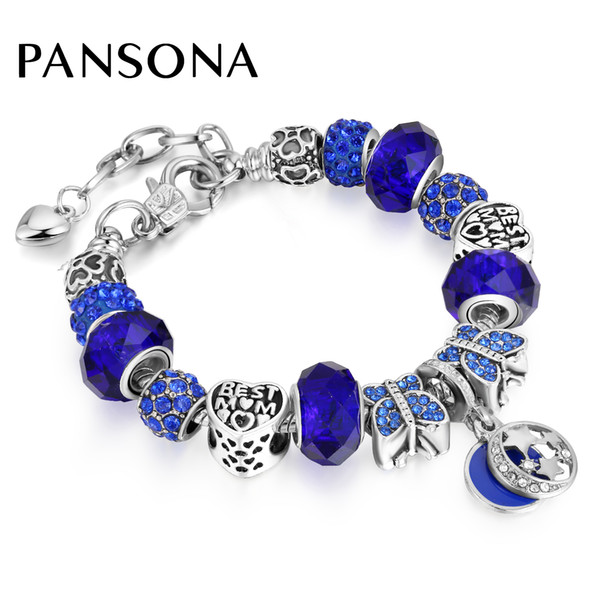 Fashion Jewelry Butterfly Blue Charm Bracelets & Bangles For Women Antique Silver Crystal Star Beads Bracelet AA159