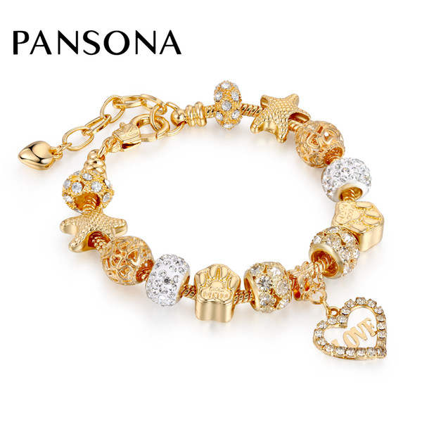 2018 New Gold-color Charm Bracelets For Women Snake Chain Heart Bracelets Bangles DIY Crystal Beads Paw Animal Footprints AA144