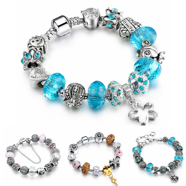 European Style Authentic Tibetan Silver Blue Crystal Charm Bracelets for Women Original DIY Jewelry Birthday Gift