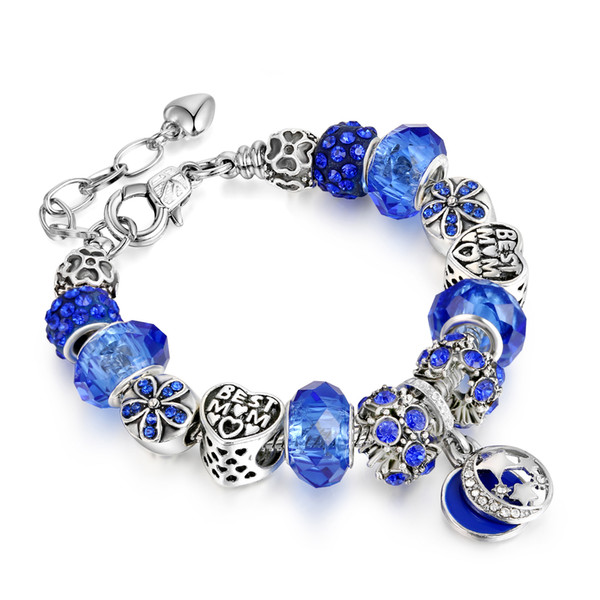 Fashion Jewelry Charm Bracelets & Bangles Blue Crystal Charm Bracelet for Women Original DIY Best Mom Beads Bracelet AA157