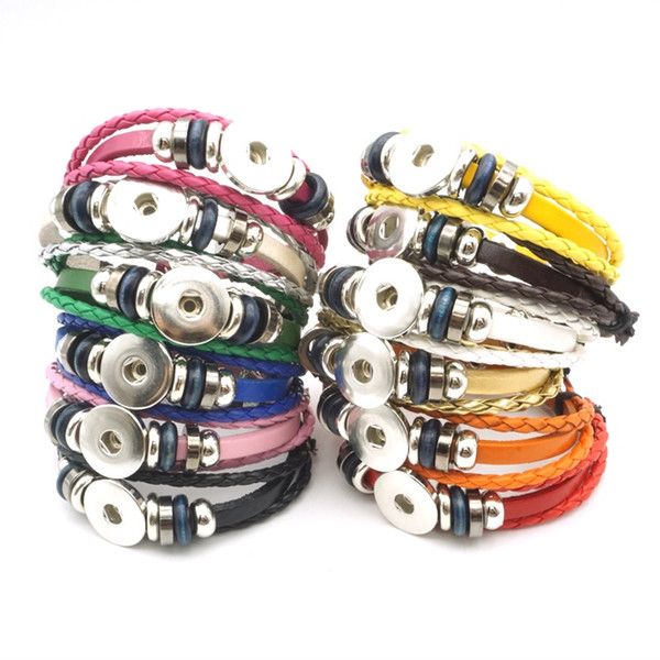 Fashion New 12Colors DIY Multilayer Leather Noosa Chunk 18mm Metal Button Bracelet DIY Ginger Snap Button Statement Jewelry Wholesale