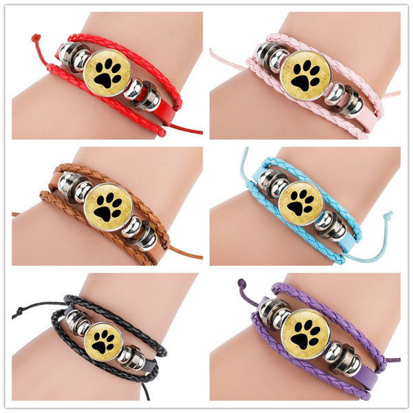 Fashion 6 Colors Multilayer Leather Bracelet Dog Paw Charms Braided Adjustable Bracelet Statement Jewelry Wholesale