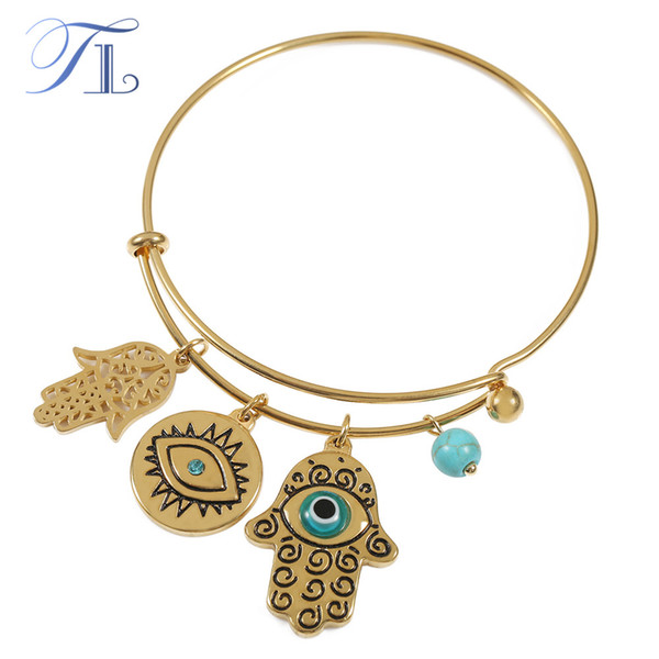 TL Stainless Steel Golden Bracelets & Bangles Hamsa Hand Fatima Blue Evil Eyes Charm Bracelets Lucky Bangles Pulseras For Women