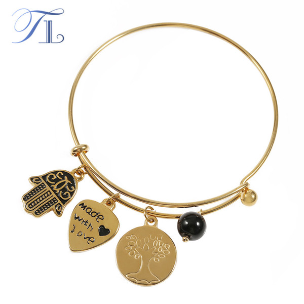 TL Hot Fashion Stainless Steel Bracelet&Bangles Life Tree Lucky Hamsa Hand Letter Heart With Natural Black Stone Women Bracelet