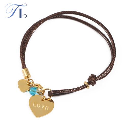 TL Brown Wax Rope Braided Bracelets For Women Stainless Steel Golden Heart Charm Bracelets Lovers Couple Bracelets Cute Jewelry