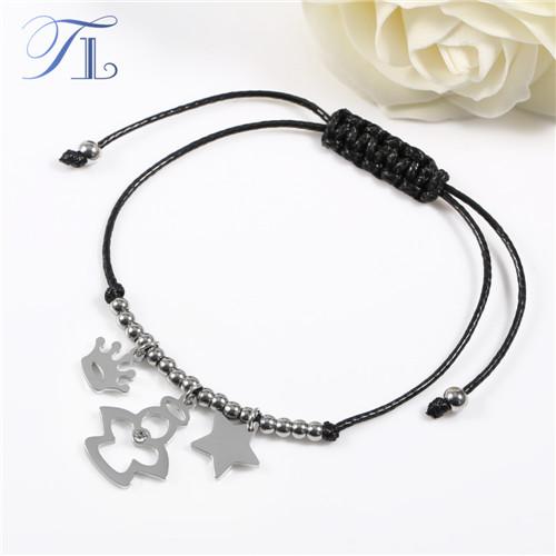 TL Stainless Steel Bracelets Black Wax Rope Braided Silver Stainless Steel Beads Hanging Crown Star Fairy Charms Love Bracelets