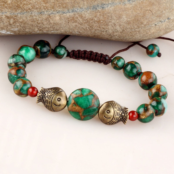 Handmade boho ethnic jewelry green stone beads fishing Bronze adjustable rope bracelet women accessories wholesale/pulseiras femininas