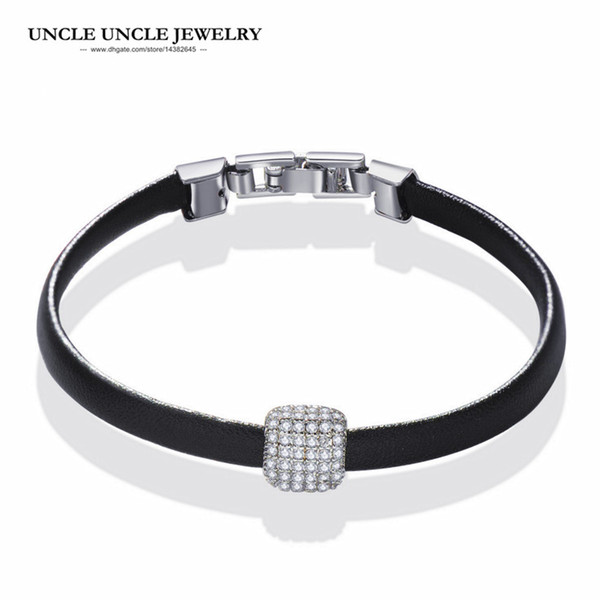 Brand Design Woman Leather Bracelets White Gold Color Clear Zirconia Charm Bracelet Wholesale Gift