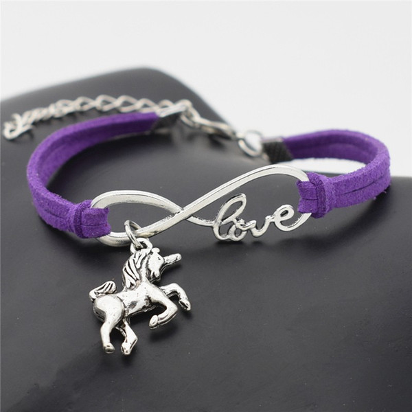 New Infinity Love unicorn Pendant Charm Bangles & Bracelets Fashion Natural Purple Leather Rope System Couples Jewelry For Women or Men 2018