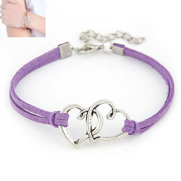 Hot Vintage Purple Color Double Heart Punk Leather Bracelet For Men Woman 2018 New Casual Multilayer Braided Bangle Fashion Handmade Jewelry