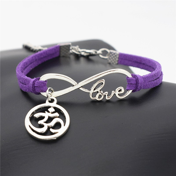 Elegant Handmade Purple Leather Rope Jewelry Gift Fashion Glamour Infinity Love Round 3D Pendant Bracelet Pandora charm bangle for women men