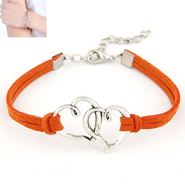 2018 New Fashion Silver Double Heart Charm Bracelets Bangles Orange Color Leather Suede Handmade Pendants Women Men Ladies Jewelry Wholesale