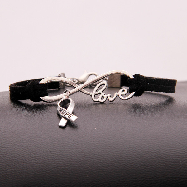 Bohemia Infinity Love Hope Cancer Sign Brand Jewelry Single Layers Black Color Leather Suede Cuff Bracelet Alloy Charm Bangles For Women Men