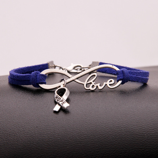 Hot Bohemian Infinity Love Hope Cancer Sign Charm Bracelets Bangles For Women Men Handmade Single Layer Dark Blue Leather Suede Jewelry Gift