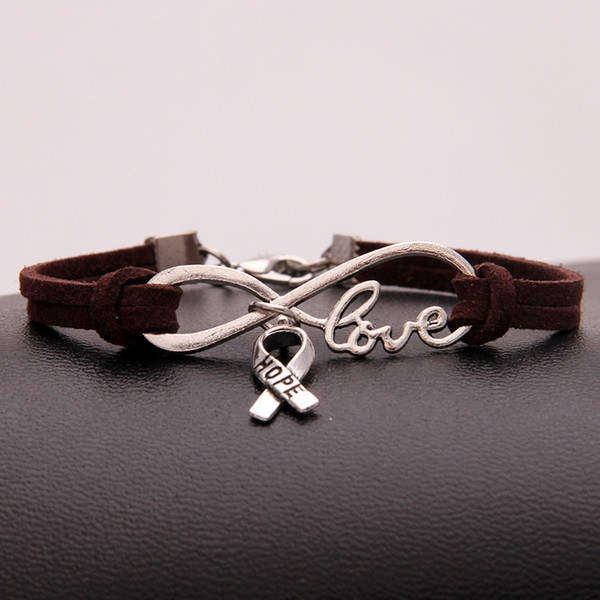 Hot Silver Color Infinity Love Hope Cancer Sign Charm Bracelets For Women Men Single Layer Dark Brown Leather Rope Bangles pulseira 2018 New