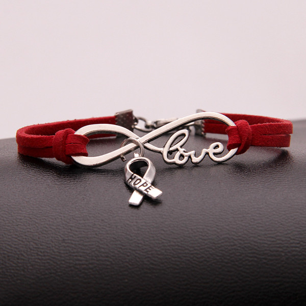 Fashion Single Layer Red Leather Suede Bracelet For Women Men 2018 New Boho Silver Color Infinity Love Hope Cancer Sign JewelryHandmade Gift