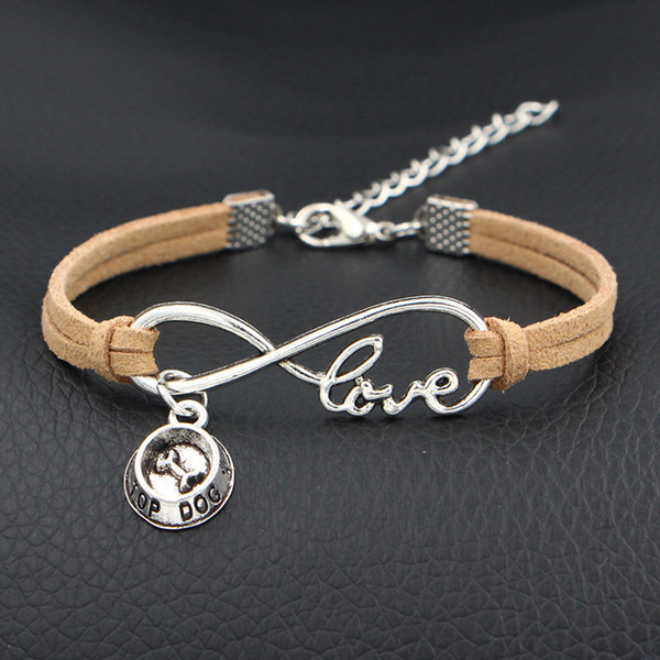 High Quality Silver Infinity Love Top Dog Bowl Meat Bones Charm Bracelets Women Men Charm Beige Leather Rope Chain Bangles Male Wrap Jewelry