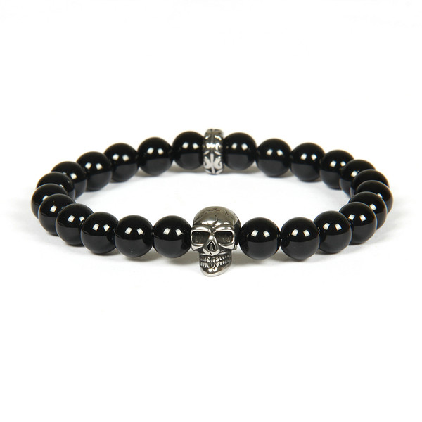 Hot Sale Silver Stainless Steel Skull Bracelet Wholesale 10pcs/lot Color Keeping Beaded Bracelets With 8mm Natural Onyx Stone Beads