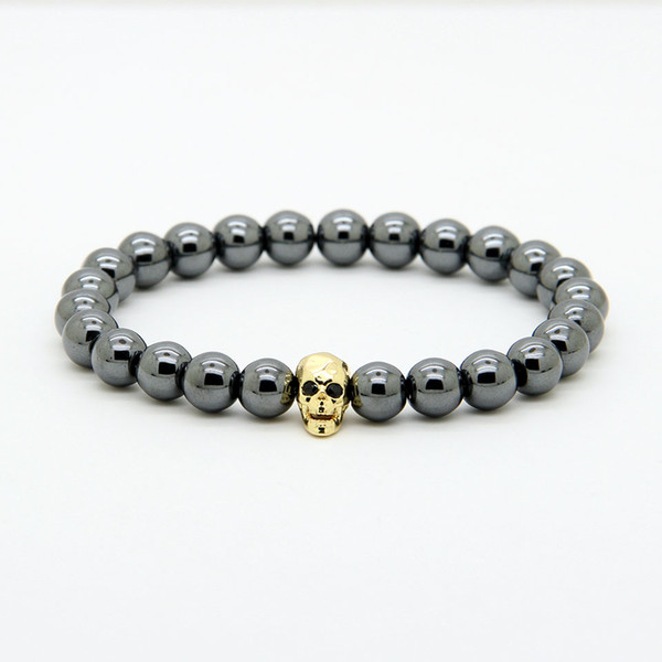 1PCS Powerful Fashion Jewelry 8mm Black Hematite Beads With Micro Pave Cz Faceted Skeleton Skull Bracelets