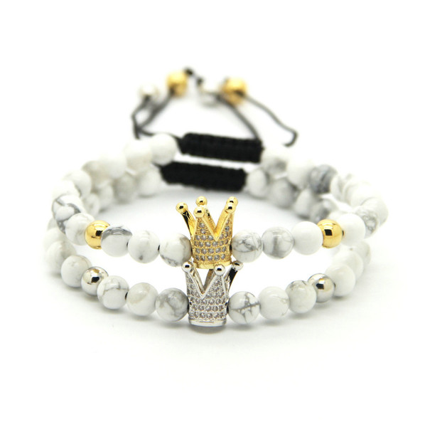 Wholesale 6mm White Howlite Marbel Sediment Stone Beads Gold and Platinum Crown Braided CZ beads Bracelet