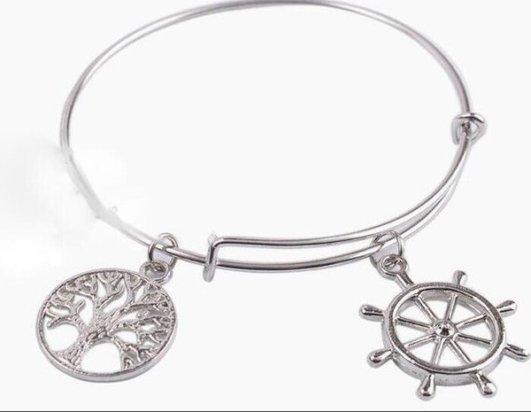 Vintage Silver Tree of life Rudder Charm Bangles Expandable Wire Bangles Bracelet For Wiring Women Jewelry Fashion Gift Handmade Accessories