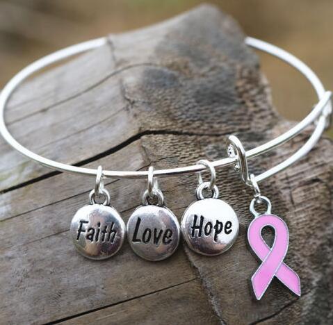 Vintage Silver Pink Ribbon Faith Hope Love Charms Expandable Wire Bracelet Bangles For Women Jewelry Gift Adjustable Bangle Accessories NEW