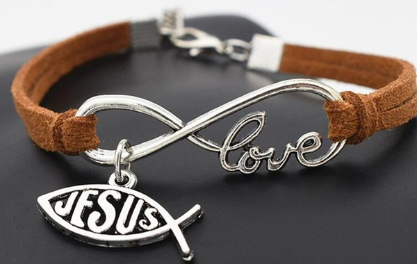 Vintage Silver LOVE Infinity Charms Jesus Fish Bracelet Bangle For Women Mixed color Velvet Rope Bracelets Jewelry Gifts Accessories 20pcs