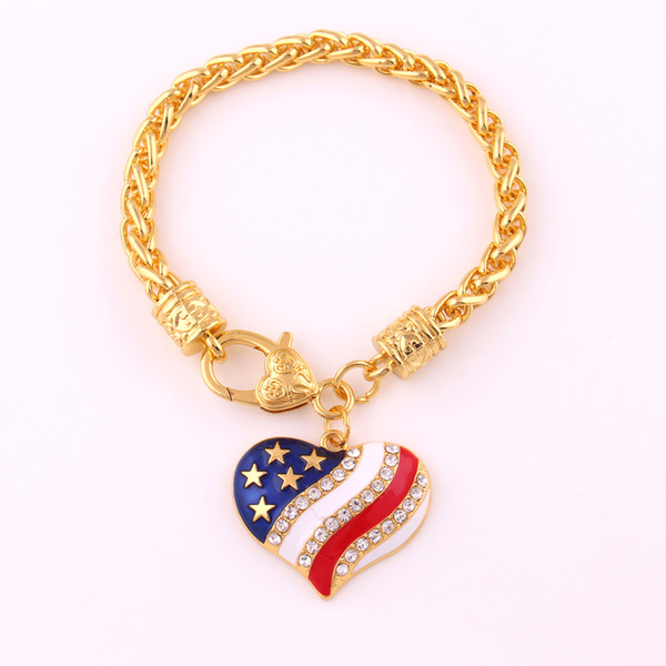 Best Selling Rhodium Plated Zinc Studded With Sparkling Crystal American Flag heart pendant Bracelet Gold Wheat Link Chain