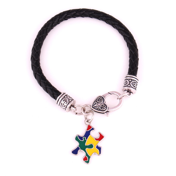 15cm20cm24cm Leather Chain Autism Awareness Puzzle Piece Enamel Colors Charm Lobster Claw Bracelets Autism Hope Jewelry