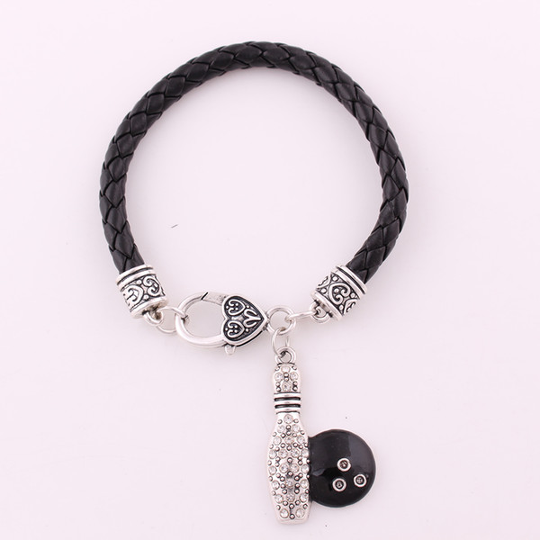 Bowling Ball Shape Sporty Style Pendant Charm Bracelet With Beautiful Crystals Leather Chain For Man Woman Dropshipping