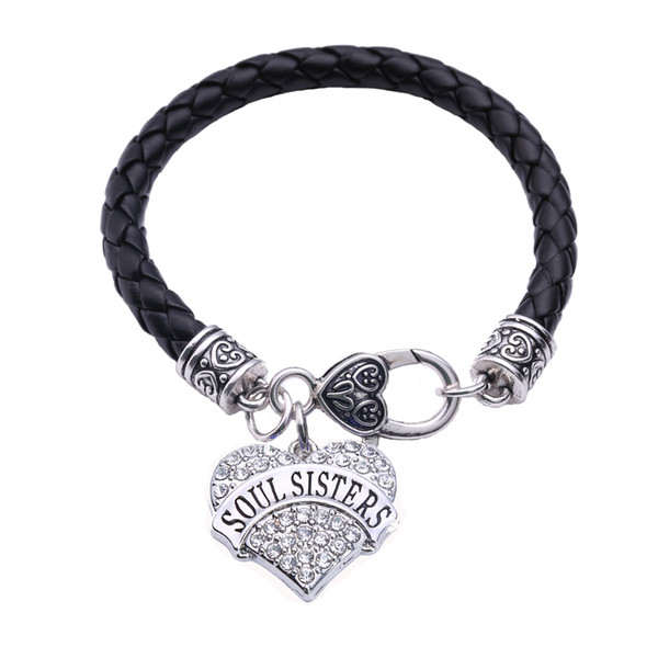 Best Selling New Arrival Rhodium Plated With Sparkling Crystals SOUL SISTERS heart Pendant Bracelet Leather Chain Drop Shipping