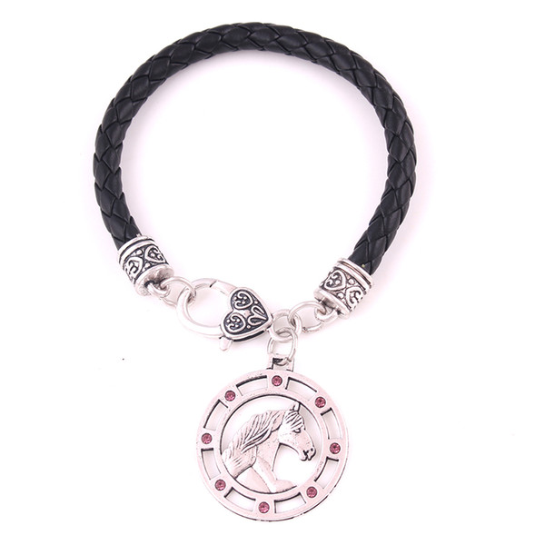 Friesian Horse And Gems Crystal Silver Pendant Leather Chain Bracelet Jewelry Gift