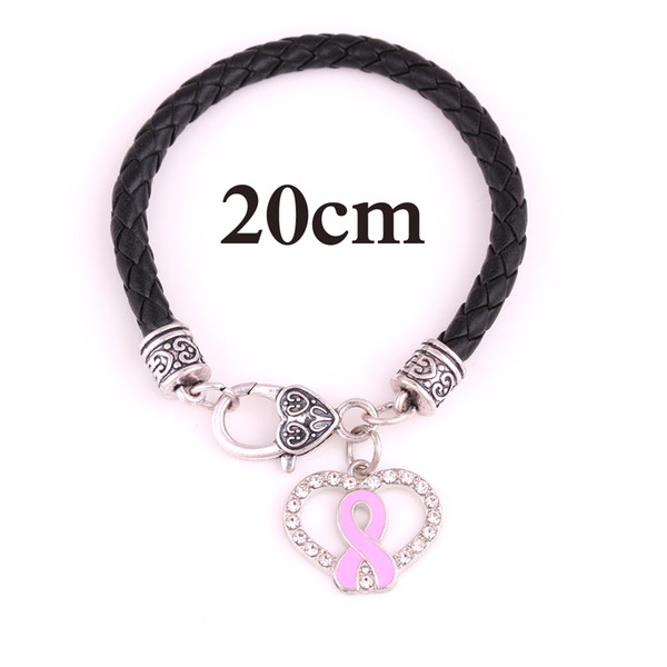 Newest Styles Breast Cancer Awareness Pink Enamel Ribbon Crystal Heart Charm Pendent Leather Chain Bracelet Jewelry