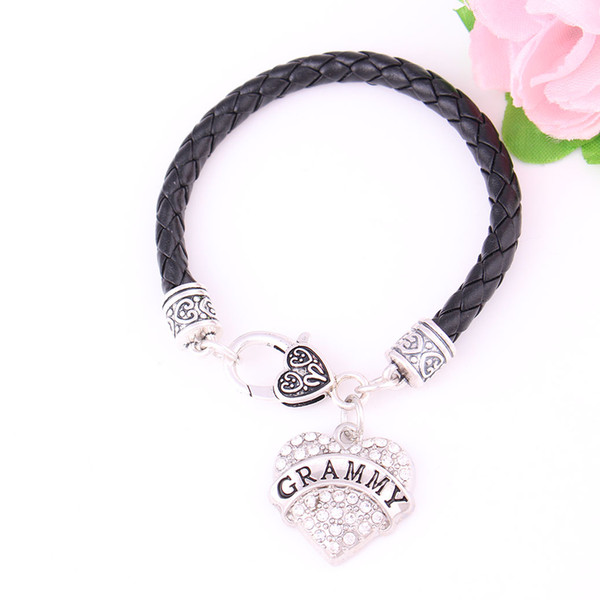 New Arrival Rhodium Plated GRAMMY Studded With Sparkling Crystal Heart Jewelry Charm Pendent Leather Chain Bracelet