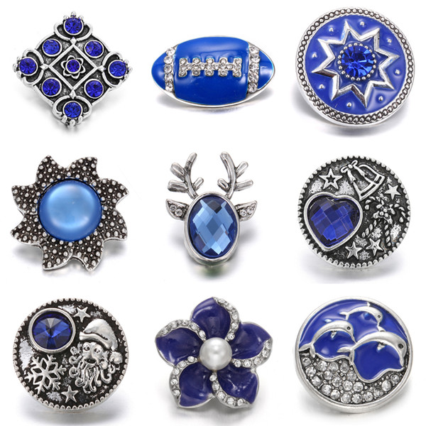 New Snaps Buttons Jewelry Blue Rhinestone Flower 18mm 20mm Metal Snap Button Fit Snap Bracelets for Women DIY Noosa Chunk Jewelry