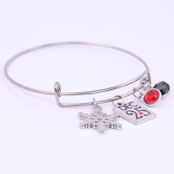 lemegeton Dropshipping Newest Design Snowflake and December 25th DIY Birthday Gift Wire Stainless Steel Bangle for Women and Men