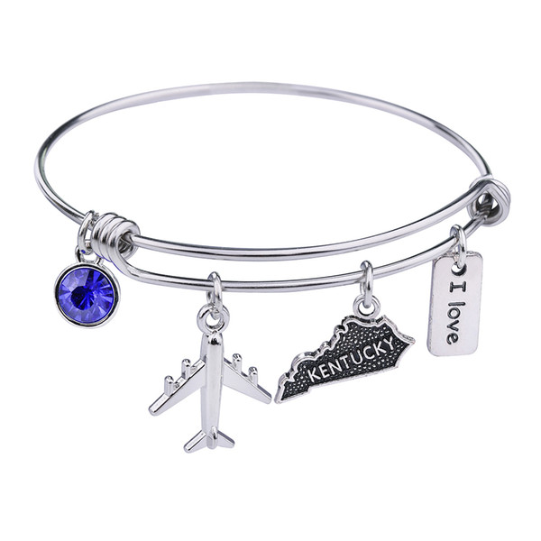 Lemegeton Wholesale I love maps of USA States Kentucky Louisiana Maine Maryland Stainless Steel Bracelet and Bangle with Blue Rhinestone