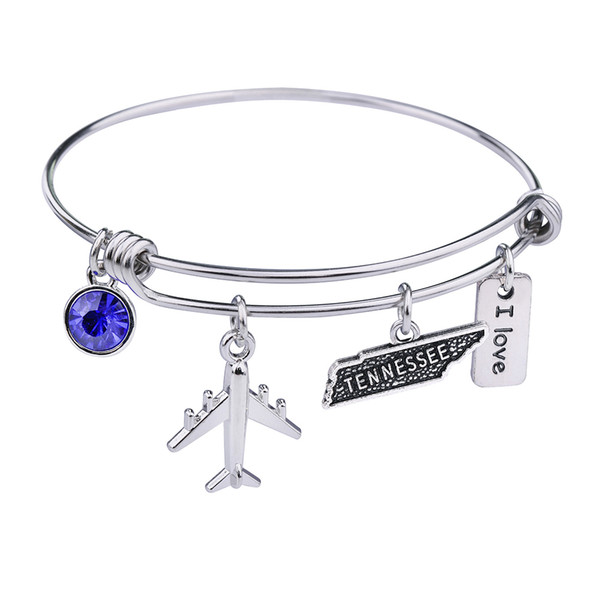 Lemegeton Wholesale I love maps of USA States Tennessee Utah Vermont Virginia Stainless Steel Bracelet and Bangle with Blue Rhinestone